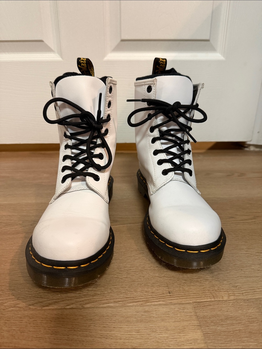 Dr. Martens White Leather Lace-Up Combat Boots with Black Laces